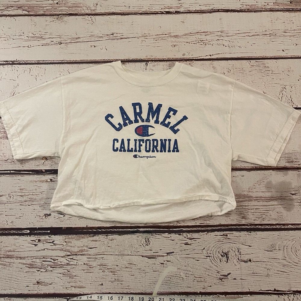 Champion Cropped T‎ Shirt Women's Size Large Carmel California Logo White